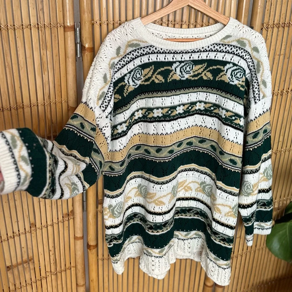 Vintage Handmade Oversized Green & White Floral Stripe Grandpa Pullover Sweater - Picture 3 of 6